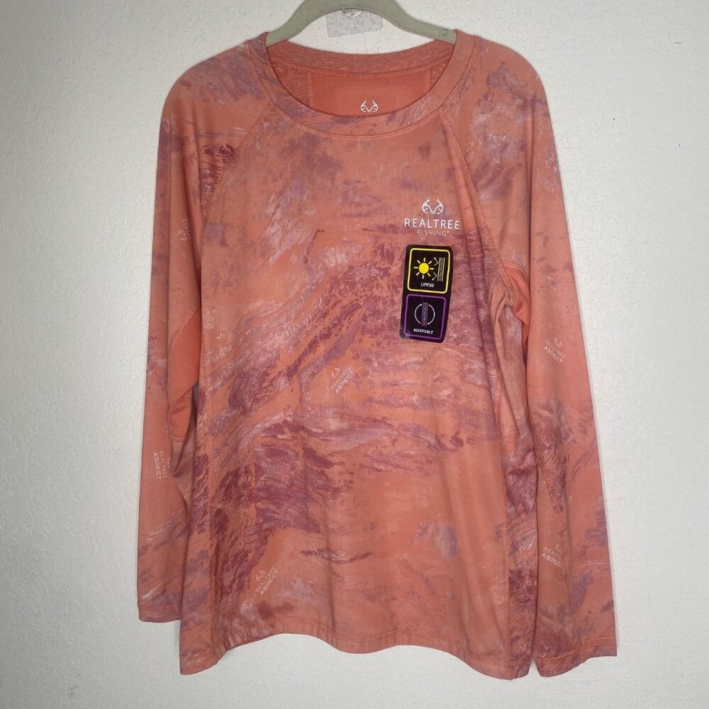 Realtree Fishing UPF30 Reversible Long Sleeve Shirt L‎ Orange Camo Recycled